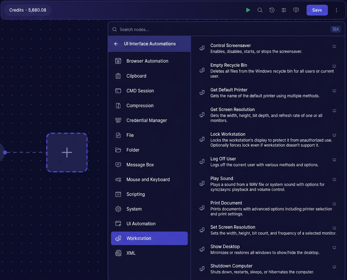 Avintra Workstation node library — control screensaver, screen resolution, lock, shutdown